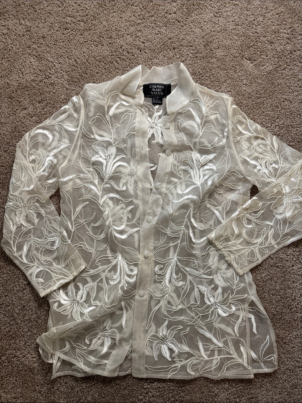 Carmen Marc Valvo Ivory Sheer Embroidered Silk Blouse